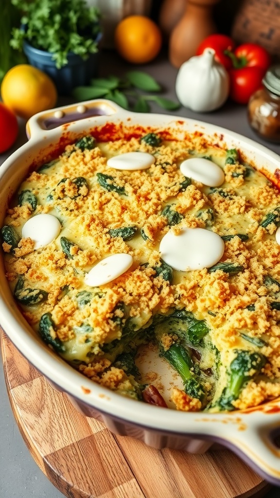 Cheesy baked spinach casserole with a golden topping in a rustic dish, surrounded by fresh ingredients.